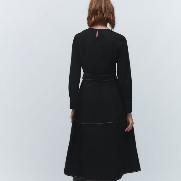 Zara black belted dress with contrast top stitching NWT - Picture 3 of 6